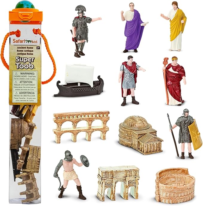Safari Ltd. Ancient Rome Super Toob - Mini Figurines: Gladiator, Noblewoman, Centurion, Senator, Caesar, Emperor, Colosseum, Aqueduct, Pantheon & More - Educational Toy for Boys, Girls & Kids 3+