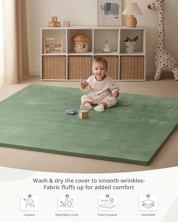 Blissful Diary Ultra Soft Baby Play Mat, 71x59 Extra Large Floor Mat with Removable & Washable Slip-On Cover for Babies and Toddlers, Sage Green