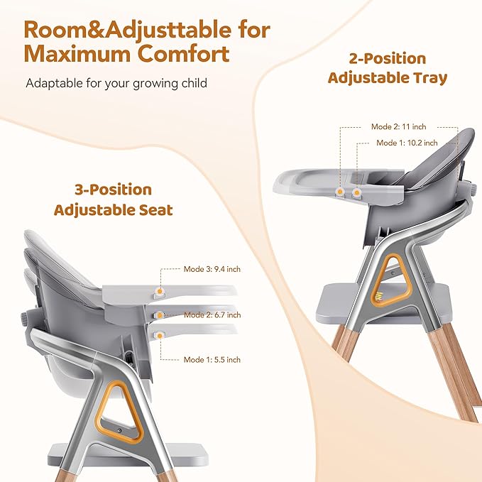 CoziBB Baby High Chair, 6-in-1 Convertible Growing Baby High Chair for Infants and Toddlers with Adjustable Plates and Seats, 5-Point Seat, Grey