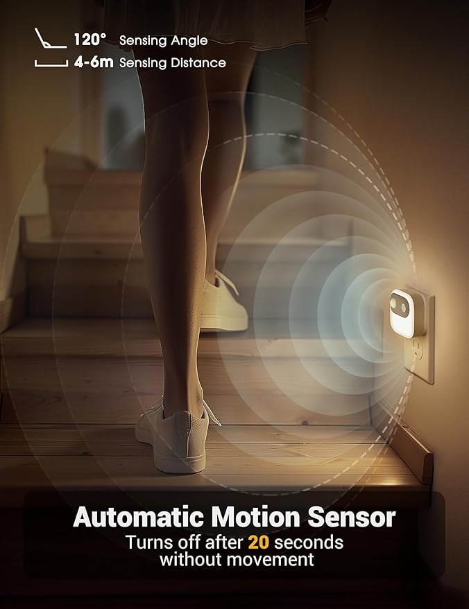 JandCase Motion Sensor Night Light, Night Lights Plug into Wall 2 Pack, 3000K/4000K/5000K Motion Activated Night Light, Light Sensor & Motion Sensor Nightlight for Bedroom, Stairs, Hallway