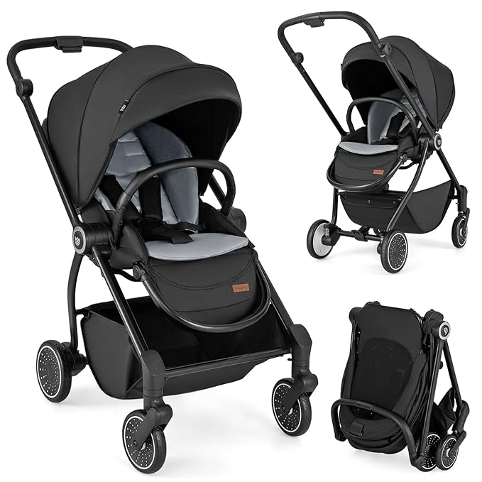 BABY JOY Baby Stroller, Foldable Toddler Stroller with Reversible Seat, Adjustable Backrest/Canopy/Handle/Footrest, Storage Basket, Suspension Wheels, Aluminum Frame (Black)