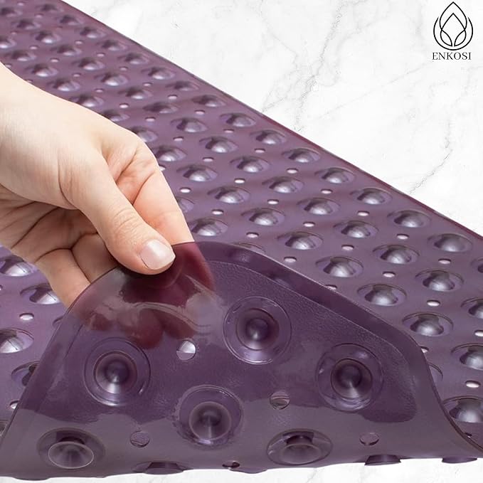 ENKOSI Bath Mat – 40 x 16 Inch Long Non-Slip Bathtub & Shower Mat with Suction Cups – Large PVC Bathroom Mat with Drain Holes for Tub & Shower (Bath - 40x16 Purple)