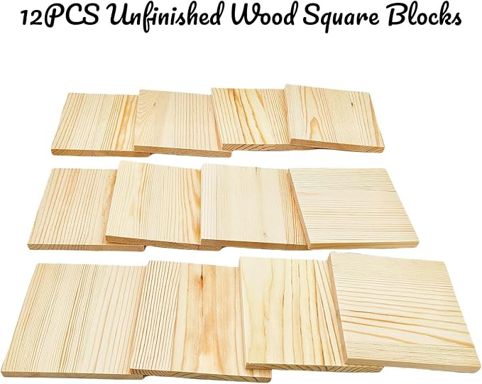 12PCS Unfinished Wood Square Blocks for Crafts, 4x4x0.3in Blank Wooden Squares Pine Wood Boards for Carving,DIY Wood Coasters,Painting & Burning