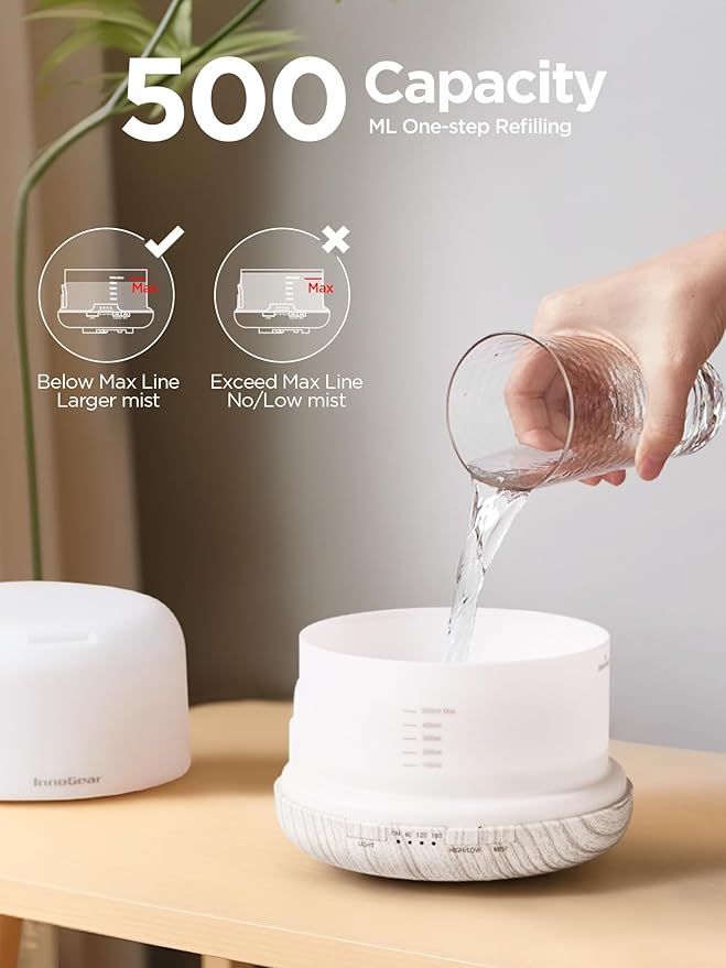 InnoGear 500ml Essential Oil Diffuser with Remote Control, Premium Ultrasonic Aromatherapy Diffusers Scent Humidifier Vaporizer Auto-Off Timer for Large Room Home, White