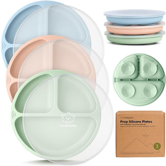 KeaBabies Suction Plates with Lids for Baby - 3-Pack 100% Silicone Toddler Plates with Suction, Divided, BPA-Free Baby Led Weaning Essentials for Kids, Dishwasher, Microwave Safe, Durable (Mellow)