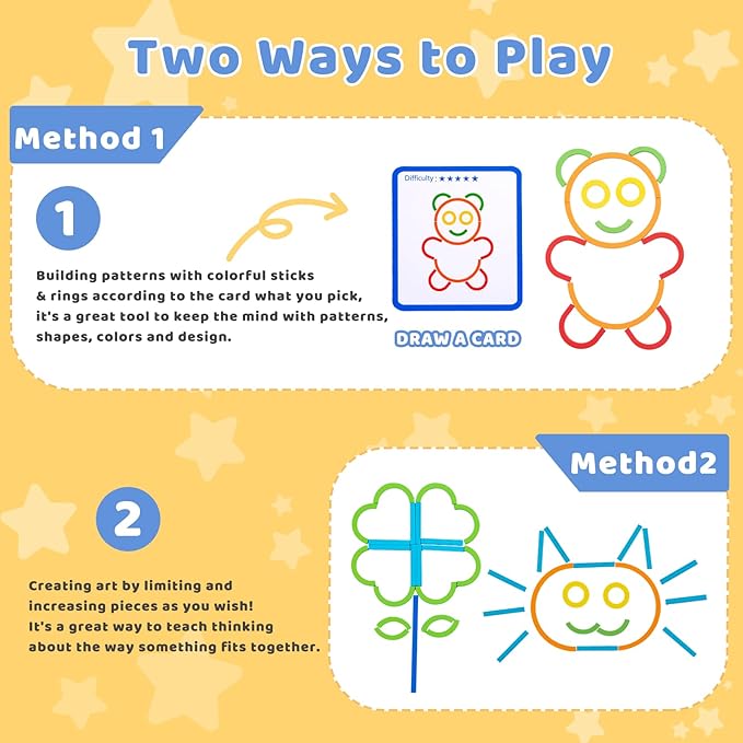 142pcs Wooden Pattern Blocks Shape Puzzles Sticks & Rings Wooden Tangram Puzzle Stem Preschool Brain Teaser Montessori Toys Gift for 3 4 5 Years Old Activity Kids Boy Girl