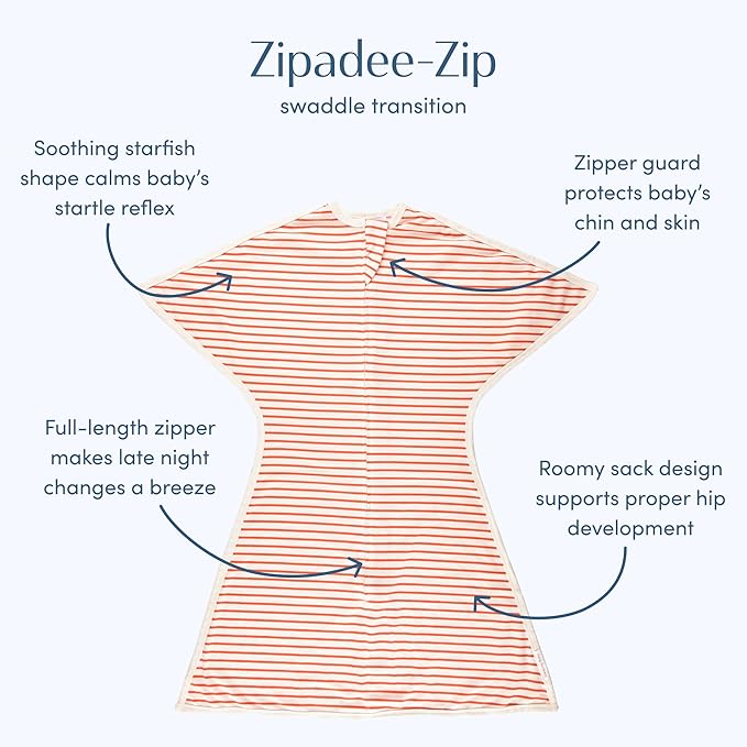 SleepingBaby Zipadee-Zip Transition Swaddle - Cozy Baby Swaddle Blanket with Zipper Convenience - Roomy Wearable Blanket for Easy Diaper Changes - Stripes Strawberry/Cream, Medium (6-12 Month)
