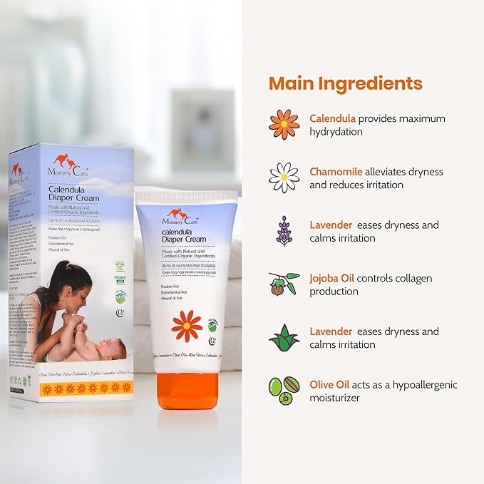 Mommy Care Organic Baby Diaper Rash Cream – Natural Calendula Diaper Cream, Gentle & Soothing Barrier Paste for Newborns, Infants & Toddlers, Prevents & Relieves Rash, 80ml / 2.7 fl oz
