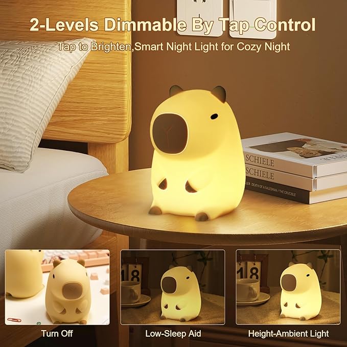 Capybara Night Light, Squishy Rechargeable LED Lamp with Timer, Dimmable Silicone Nightlight for Kids Bedroom, Kawaii Animal Decor for Nursery College Dorm Adults