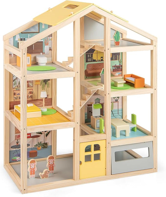 Costzon Wooden Dollhouse for Kids, Modern Family Pretend Playhouse w/Furniture Pieces & Figures, DIY Play House Toy w/Garage & Openable Door for Girls & Boys Ages 3+