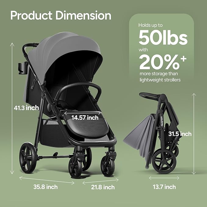 Mompush Nova Baby Stroller for Toddler, Infant & Newborn | Spacious Seat & Lie-Flat Mode | Compact One-Hand Fold, UPF 50+ Canopy & All-Wheel Suspension | Includes Rain Cover & Cup Holder, Grey