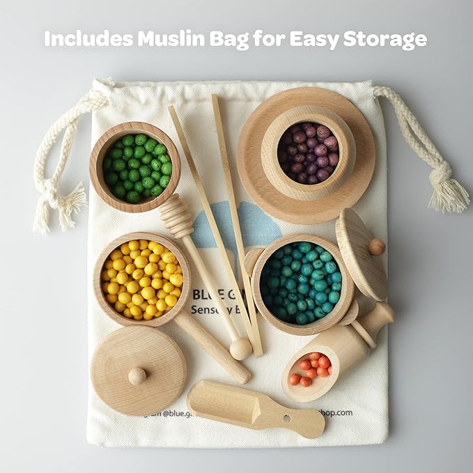 Blue Ginkgo Sensory Bin Tools – Montessori Fine Motor Skills Learning Set for Toddlers and Kids Pretend Play [9 PC] Kitchen Wooden Set with Scoops, Bamboo Tongs