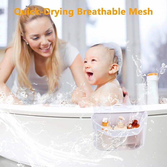 Bath Toy Organizer with 2 Pockets, Large Capacity Mesh Storage with Grip, Quick Dry, Perfect for Organizing Toys and Bath Essentials, Fits 6-Inch Tub Edges