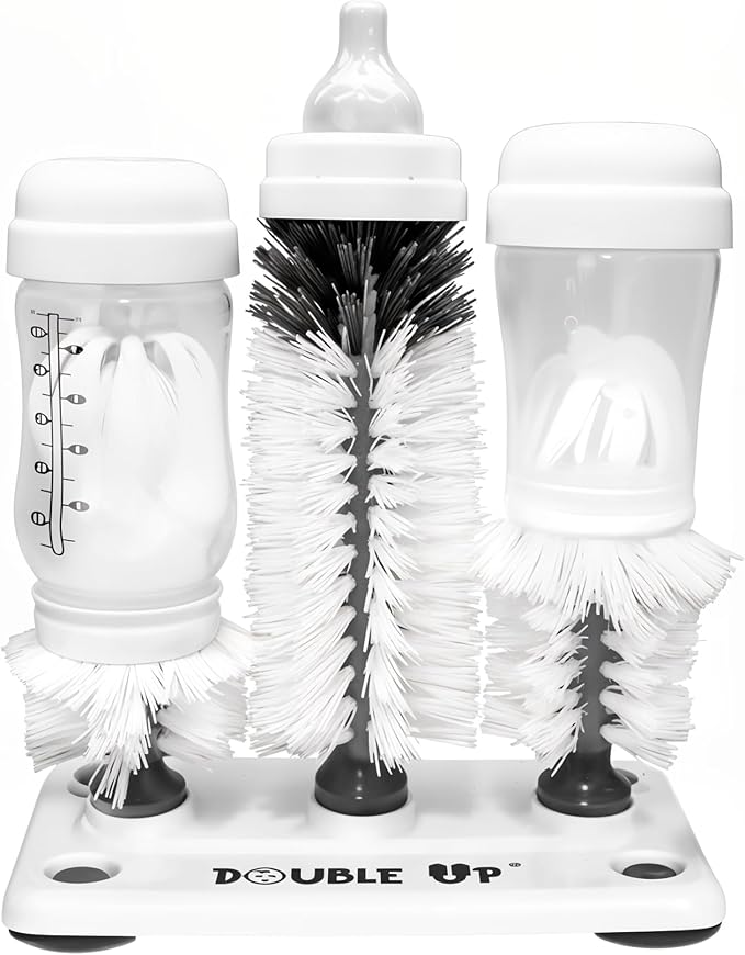 Double Baby Bottle Cleaning Brush Set with Suction Base - Cleans Two Bottles at Once - Includes Nipple Cleaner Brush - High Density Bristles, Dishwasher Safe - Baby Gift & Newborn Essential