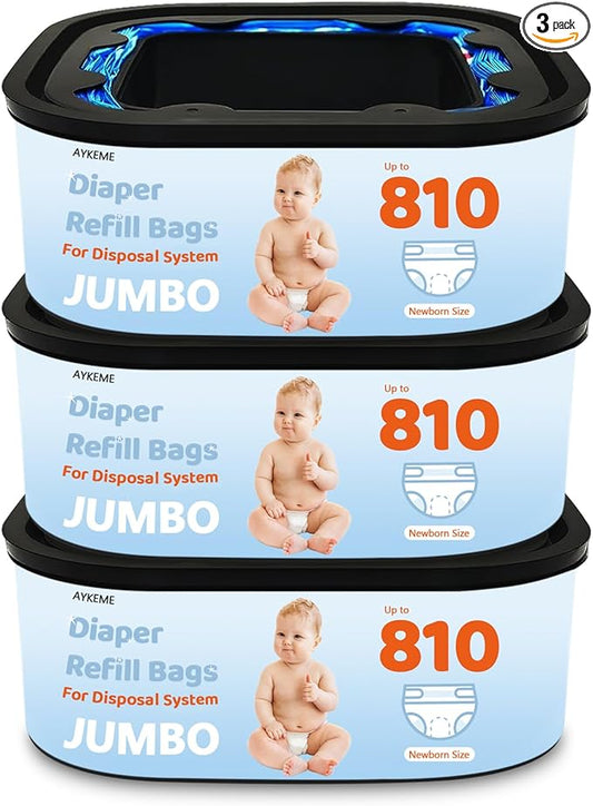 Jumbo Square Refills Disposal Bags Compatible with Diaper Genie Compact & Select Pails (Not Fit Classic),Hold Up to 810 Newborn-Sized Diapers Per Refill(3 Pack)