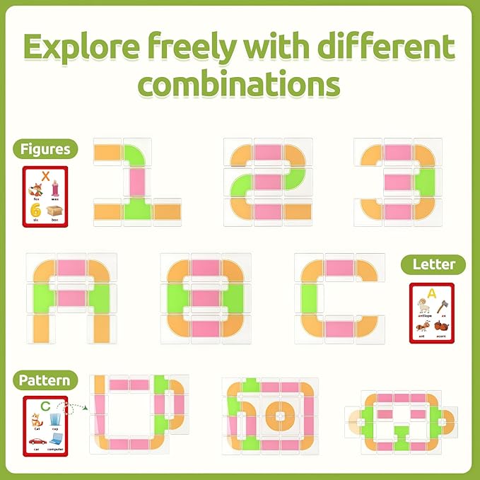 24 PCS Stacking Blocks - 1.6 Inch Transparent Puzzle Building Cubes with Learning Cards, Pipe Tube Inside for Marble Run, Educational STEM Toy for Kids Ages 3+, Sensory Gifts for Boys Girls