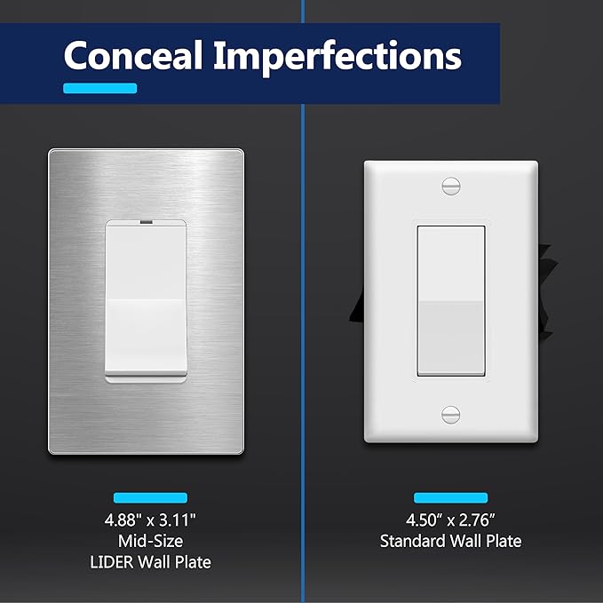 LIDER Decorator Metal Wall Plate, Temperature and Impact Resistant, 430 Stainless Steel, Screwless Cover, Modern Decoration Upgrade, Mid-Size 1-Gang 4.88" x 3.11", Stainless Steel, LSMWP-31M-SS