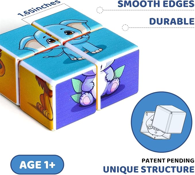 3D Magnetic Cubic Jigsaw Puzzle Toys for Toddlers, Large Building Blocks Cubes 1.65 Inches, Integrated with Magnets, 6 Patterns in Animal Theme