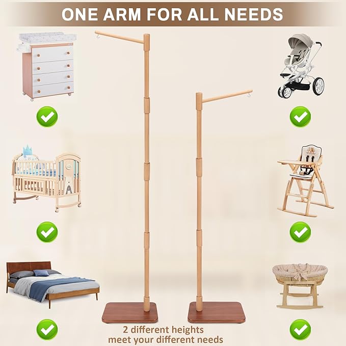 Floor-Standing Crib Mobile Arm - 65 Inch Mobile Arm for Crib - Mobile Stand for Crib - 100% Beech Wood - Movable Baby Mobile Hanger with Strong Anti-Dumping Attachment - Easy Assembly - Nursery Decor