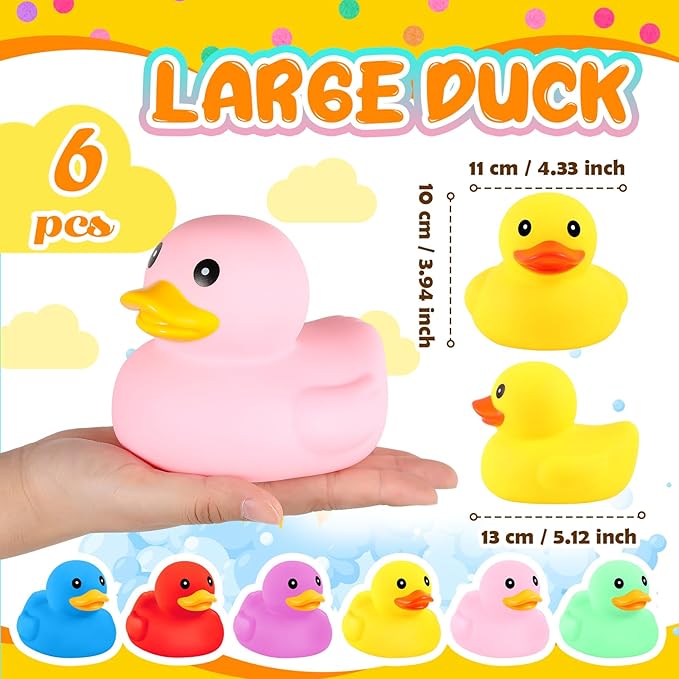 Deekin 6 Pcs 5 Inch Multicolor Large Rubber Duck Assortment Toy Duckies Bulk Gaint Squeak Rubber Duckies for Kid Baby Bath Shower Pool Classroom Summer Beach Activity