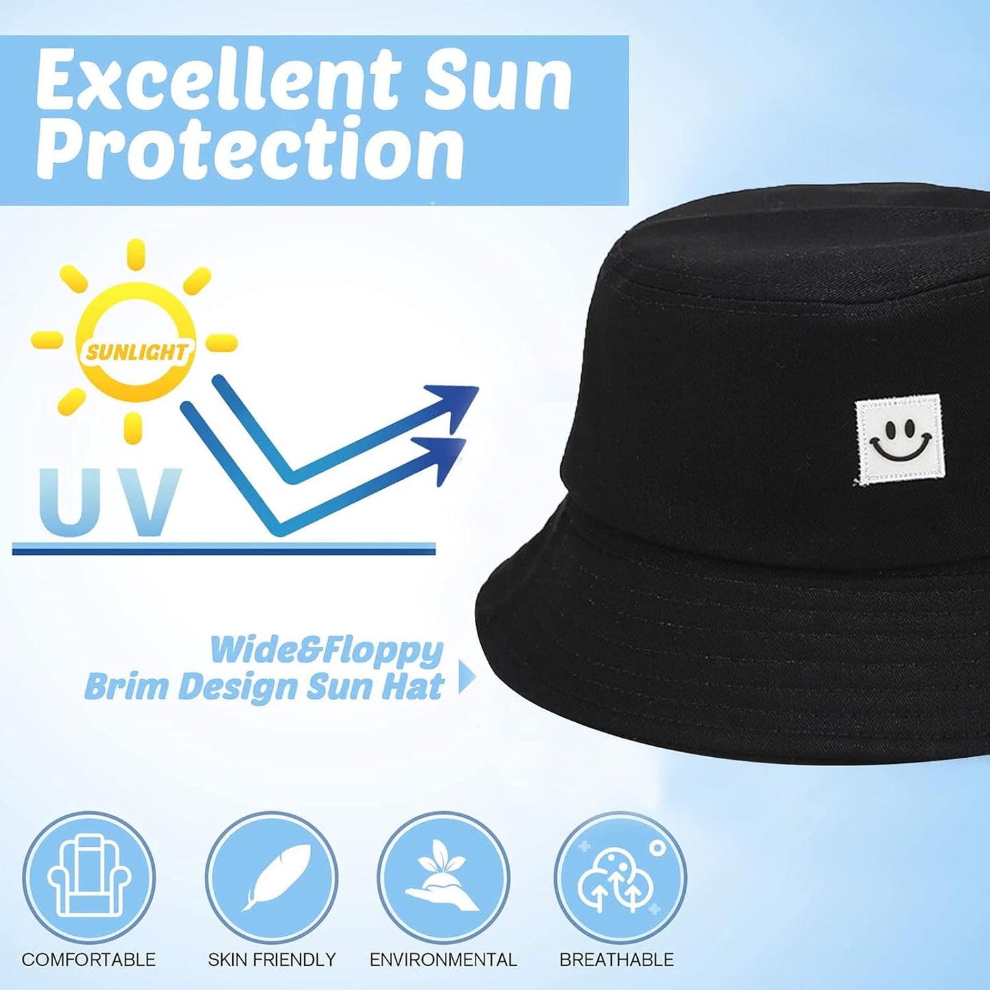 Kids Sun Hat Smile Face Bucket Hat for Girls Boys Summer Sun Protection Cotton Unisex Beach Cap