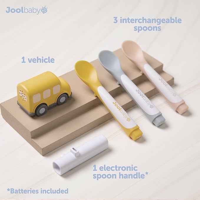 Jool Baby Musical Baby Spoons, 3 Spoons + School Bus with Fun Sounds - Multi-Stage Spoon for Infant Feeding & Training Babies 6+ Months to Self-Feed