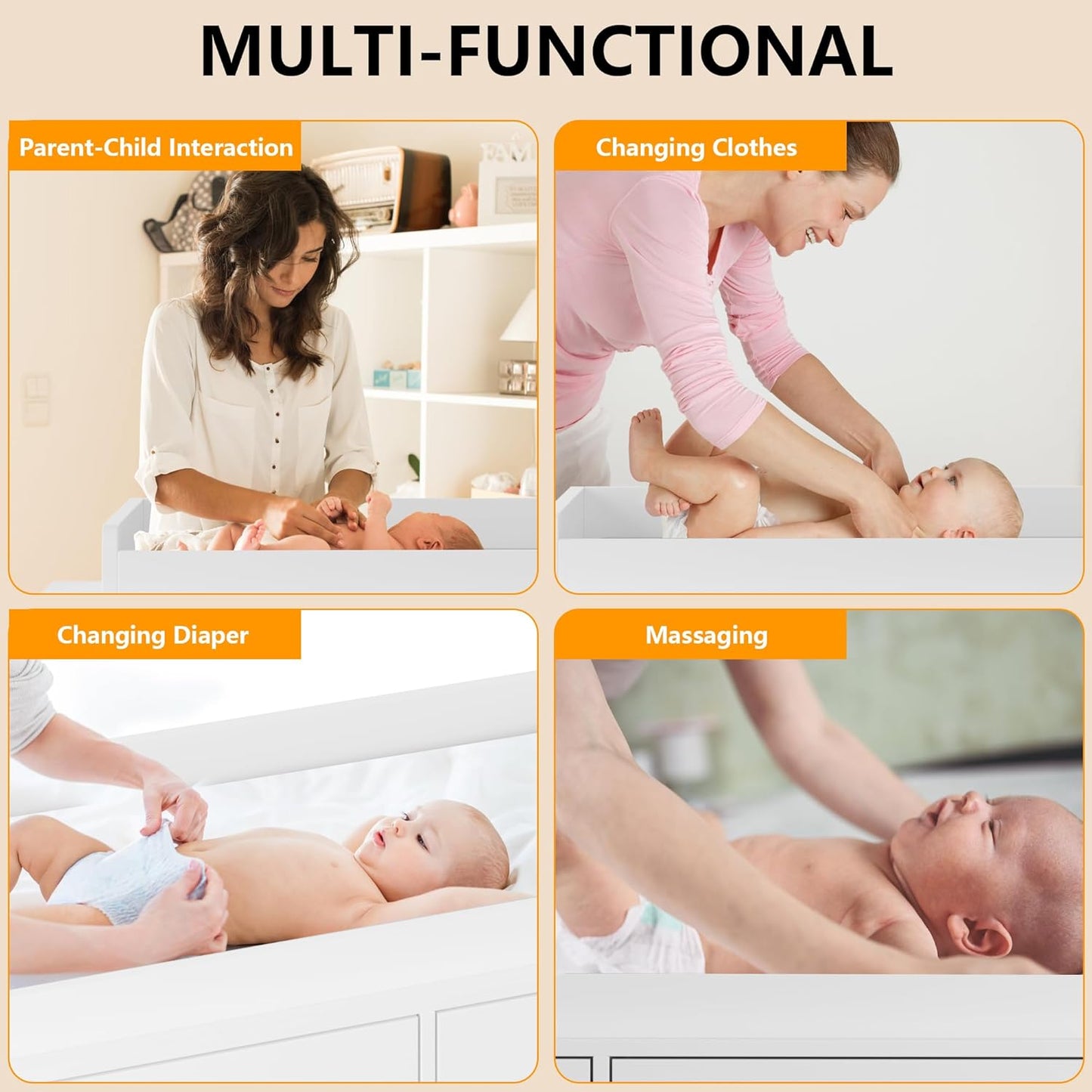 Dresser for Bedroom with 6 Drawers, Changing Table Dresser with Power Outlets, Soft Changing Pad & Removable Top, Baby Dresser with Changing Table Top for Nursery, White