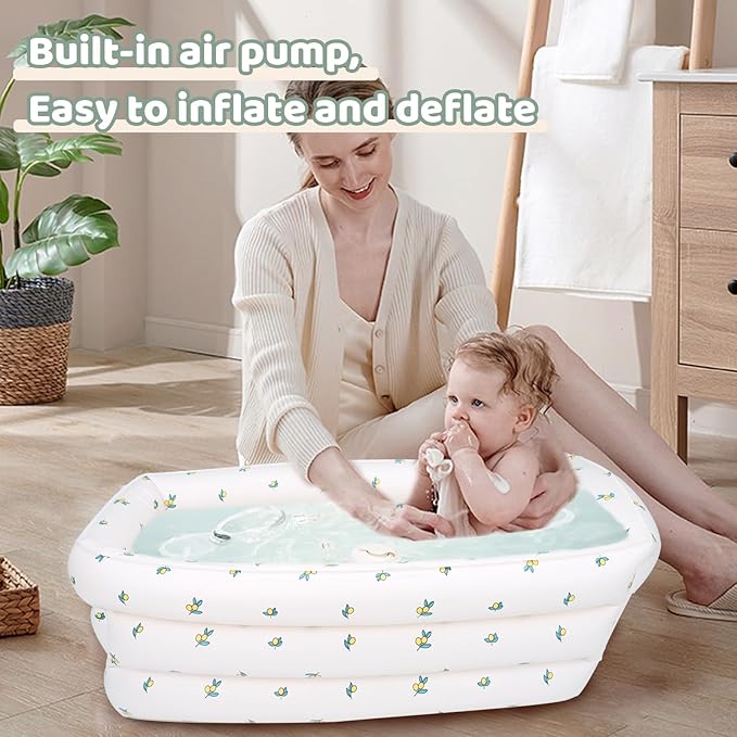 Inflatable Baby Bathtub with Built-in Air Pump, Portable Bathtub for Babies 1-5 Years Old, Small Ball Pool, Foldable Bath Tub for Travel, 30.7 x 14.6 Inch (Orange)