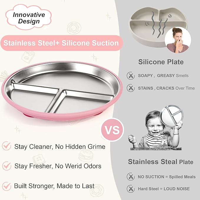 Bella's Friends Stainless Steel Toddler Plates Silicone Suction,3 Packs Non-Slip Baby Plates,Divided Portion,Food-Grade Silicone Plate for Kids,LEAD-FREE Dishwasher Safe, Gray White Pink