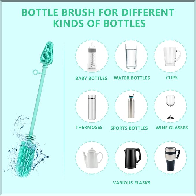 Silicone Baby Bottle Brush and Straw Cleaner Brush Set,Silicone Fully Encased Dish Brush,Versatile Deep Cleaning Long Water Bottle Brushes,Heat Resistant Sturdy Kitchen Brush,Hangable Cup Brush