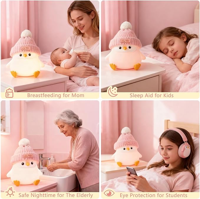Penguin Silicone Night Light, Cute Pink Penguin Lamp with Knitted Hat, Soft Nursery Nightlight, USB Rechargeable/Dimmable,LED Squishy Novelty Animal Bedside Lamp,Funny Gifts for Kids/Girls