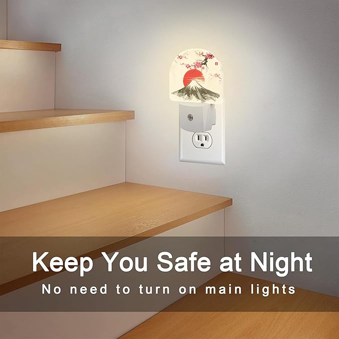 Cherry Blossoms Sun and Mountain Night Light Plug into Wall, Watercolor Ink Painting Dusk to Dawn Night Light,0.5w Energy Saving Friendly Nightlights for Kids Boys Girls Home