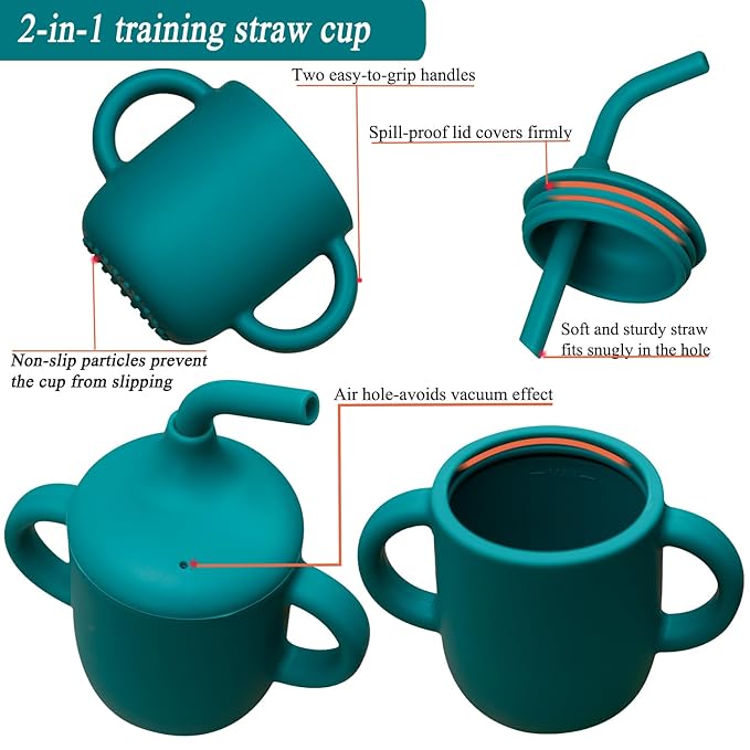 Silicone Feeding Set, Baby Led Weaning Supplies - Suction Plate and Bowl Set, Toddler Self Feeding Dish with Spoons, Forks, Sippy Cup and Adjustable Bib for 6+ Months - Blue