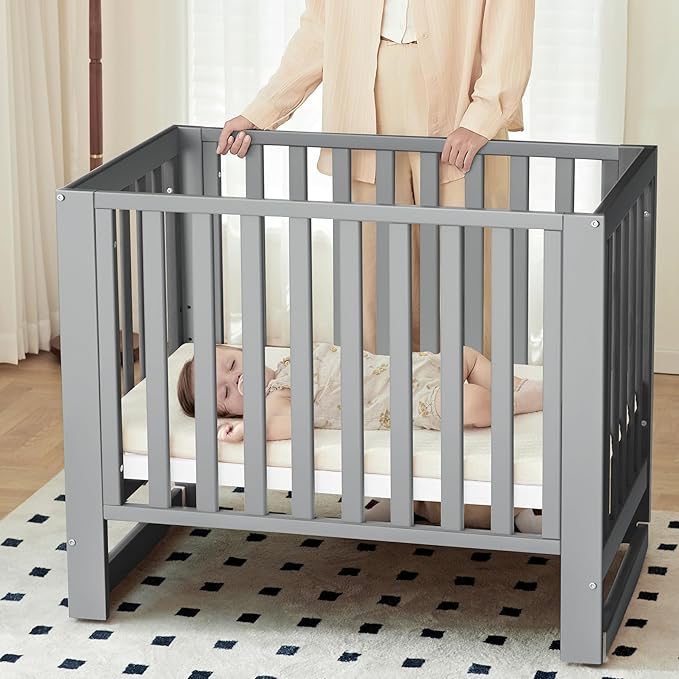 EvoNest Baby Crib, 6 in 1 Convertible Mini Crib with Wheels, 100% New Zealand Pinewood Growing Bed, 4 Adjustable Mattress Height，Washed Natural (Grey)