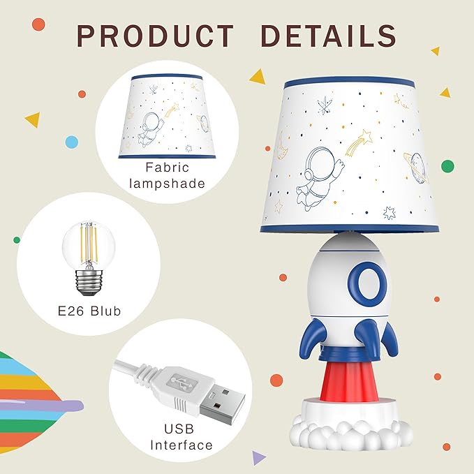 Rocket Lamp, Kids Space Decor with E26 Blub & Shade, White