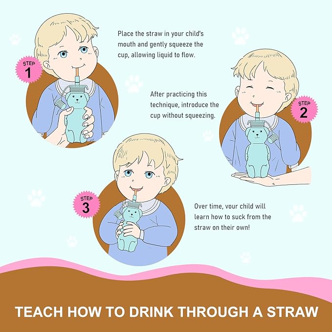 Honey Bear Silicone Straw Cup, Babies Water Drinking Cup, 8-Ounce Therapy Sippy Bottles for Speech and Feeding Training, BPA Free & Dishwasher Safe (AQUA)