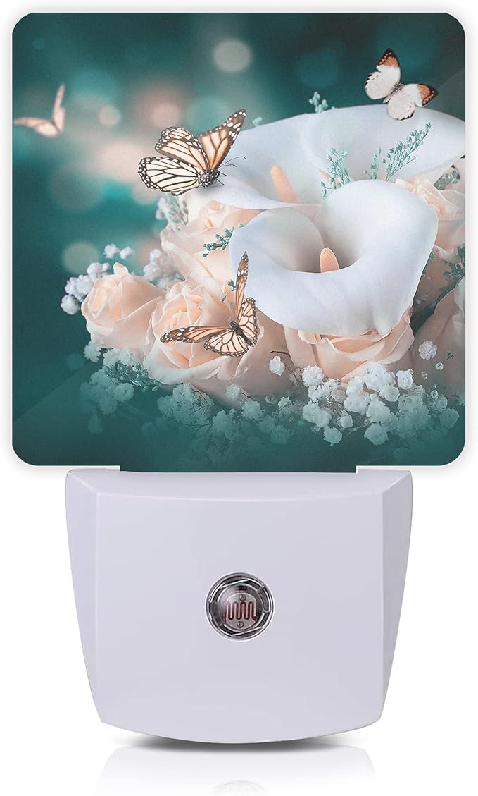 Yellow Roses and Butterfly Night Light,Flower Butterflies Spring Night Lights Plug into Wall Dusk to Dawn Sensor Led Lamp for Women Men for Stairway/Hallway/Bedroom,0.5W