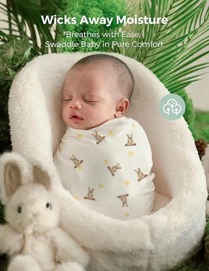 Momcozy Muslin Best Wishes Swaddle Blankets, Ultra Soft Neutral Registry Essentials, Whispering Bears & Elephants, Breathable Large 47'' x 47'' Newborn Boys Girls Receiving Blanket