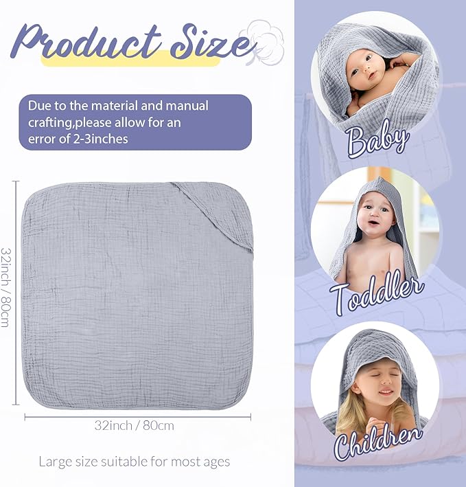 VitalCozy 6 Pcs Baby Muslin Hooded Bath Towels and Washcloths, 32 x 32 Inch Muslin Cotton Hooded Baby Towels Absorbent Blankets for Gift Newborn Infant Shower(Light Blue, Light Green)