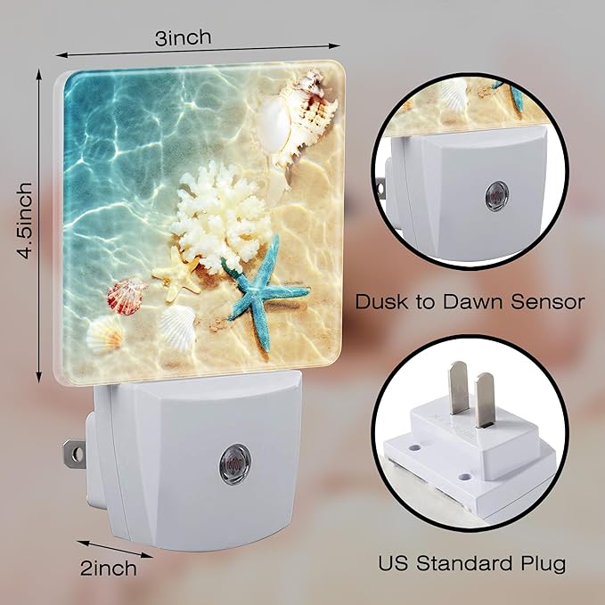 Starfishs Seashells and Coral Night Light, Summer Beach Sea Water Marine Life Dusk to Dawn Night Light Plug in,0.5w Energy Saving Sleep Friendly NightLight for Kids Boys Girls Home Decor