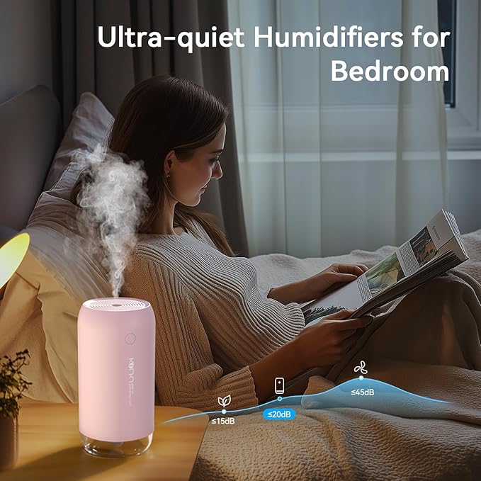 Portable Mini Humidifier, KQLKJ 350ml Small Cool Mist Humidifiers, USB Personal Desktop Humidifier for Bedroom Car Office Travel with Auto Shut-Off & 2 Mist Modes (Pink)