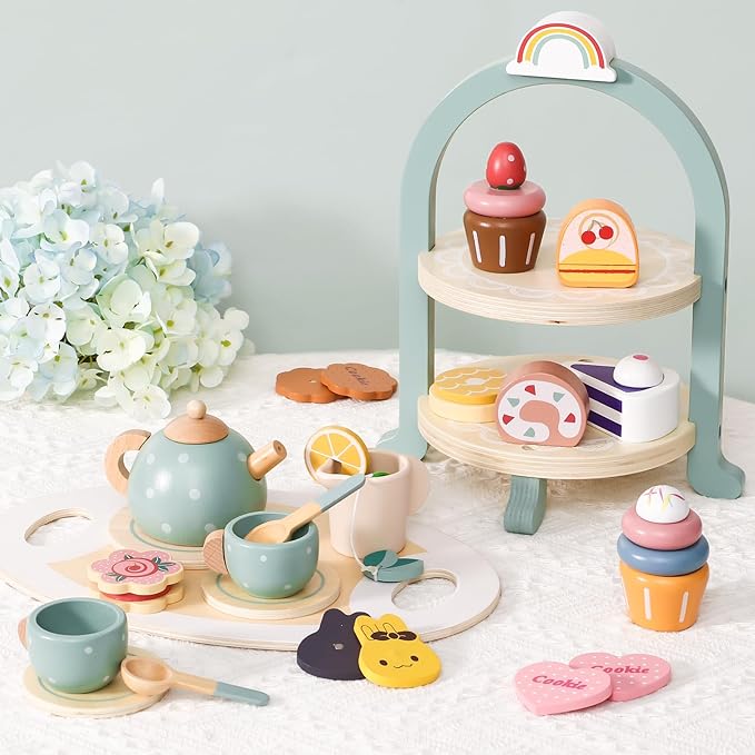 Atoylink Wooden Tea Party Set for Little Girls 28 Pcs Toddler Tea Set with Cupcake Stand & Food Pretend Play Accessories Kids Kitchen Playset Wooden Toys for 2 3 4 5 6 Year Old Girl Birthday Gift