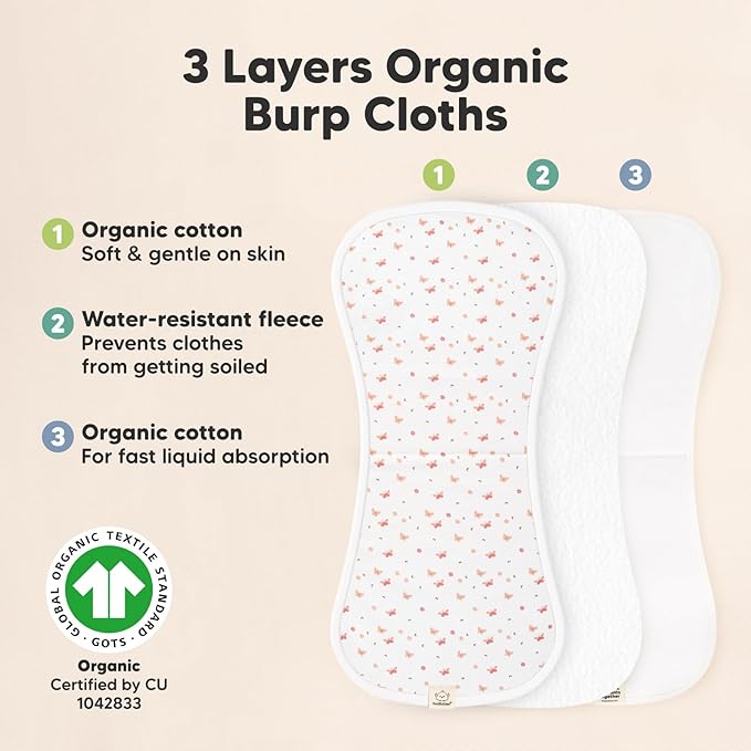 Organic Burp Cloths Baby Boy & Girl - 5-Pack Super Absorbent Cotton Burping Cloths for Babies, Soft & Plush Newborn Spit Up Rags, Infant Towels for Milk Spit Up, Unisex, Large 21" x 10" (Butterflies)