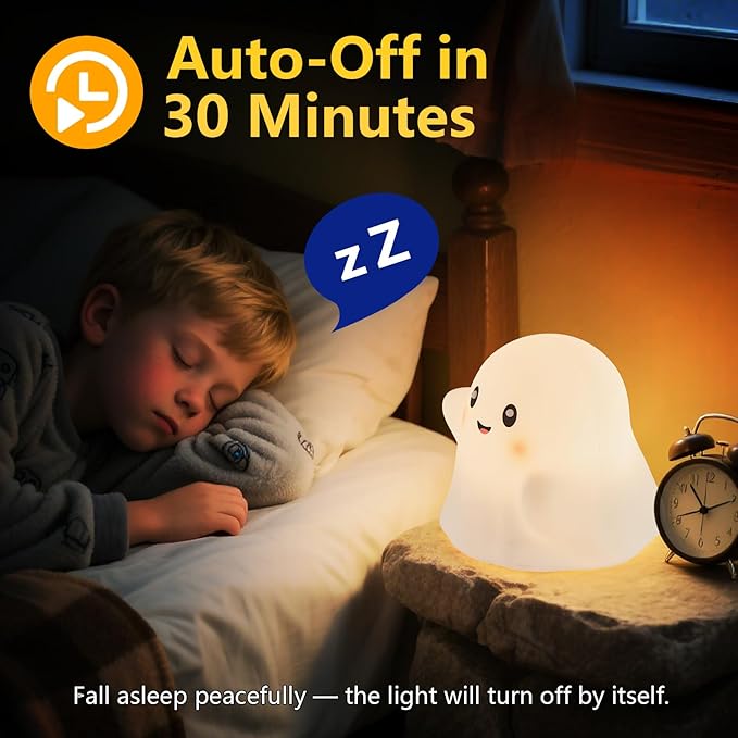 Ghost Night Light for Kids – Gift & Fun Toy for Kids, Touch Tap Lamp with Sounds, Squishy Silicone, Eye-Safe LED, 30-Min Timer, Dimmable Rechargeable Bedside Table Lamp – Gift for Boys & Girls