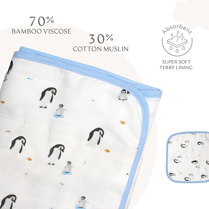 Bamboo Viscose Baby Hooded Towel & Washcloth Set for Babies and Toddlers, Soft & Absorbent, 70% Viscose from Bamboo, 30% Cotton Muslin - Imported (Penguin)