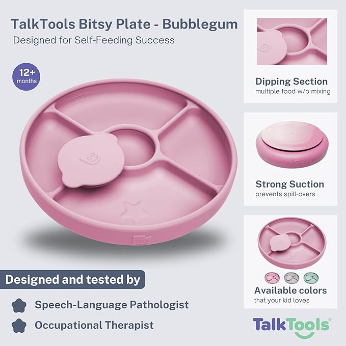 TalkTools Bitsy Silicone Suction Plates for Toddlers – Divided Baby Plate for Kids 6+ Months | BLW Feeding Essentials | Microwave Safe, BPA-Free | Weaning Supplies Must Haves - Pink (Made in USA)