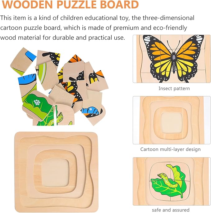 jojofuny Wooden Multi Layered Puzzles, Life Cycle of Butterfly, Cartoon Montessori Toy DIY Puzzle Early Educational Toy for Children Kids