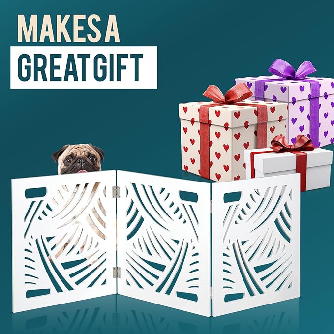 Bundaloo Freestanding Dog Gate Expandable Decorative Wooden Fence for Small to Medium Pet Dogs, Barrier for Stairs, Doorways, & Hallways (Swirl)