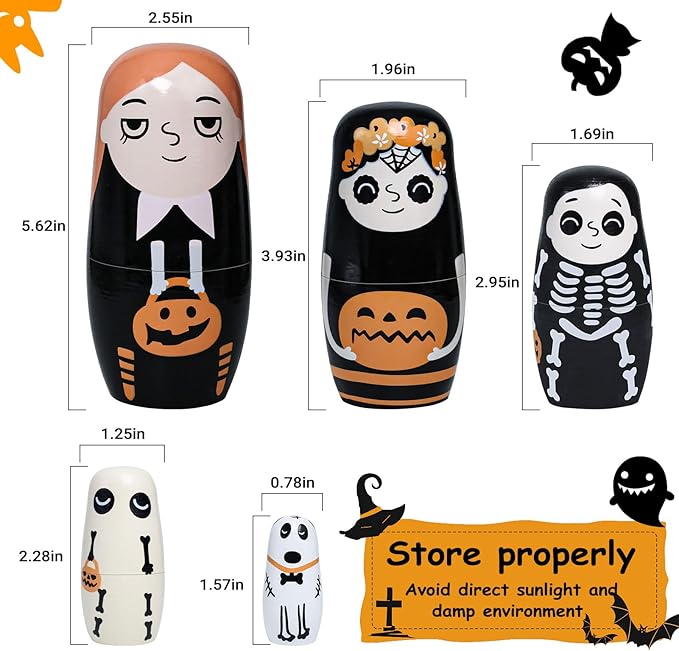 Halloween Nesting Dolls, 5Pcs 6"" Tall Russian Nesting Dolls, Handmade Matryoshka for Kids, Wooden Stacking Toys for Halloween Home Party Decorations (Pumpkin Girls)