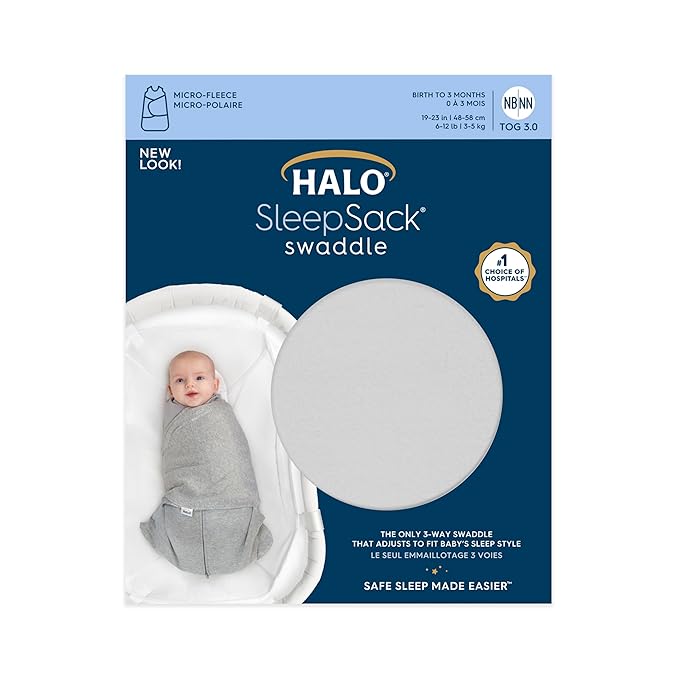 HALO Micro-Fleece Sleepsack Swaddle, 3-Way Adjustable Swaddle Blanket for Newborn and Infants, TOG 3.0 for Cold Climates, Hip Healthy, Grey, Newborn, 0-3 Months